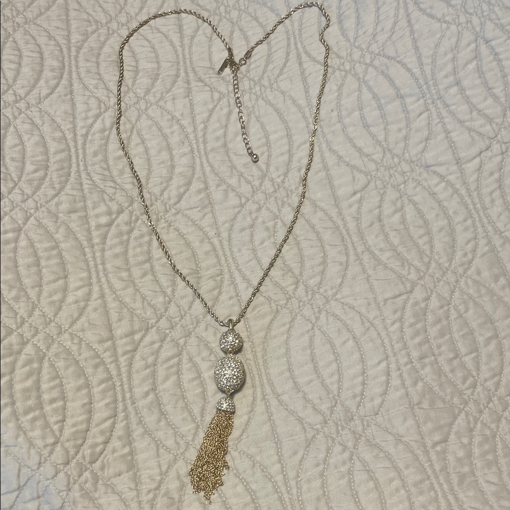 White House Black Market Gold and Rhinestone Long Tassel Necklace